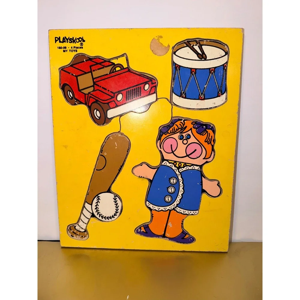 Vintage Playskool Wooden Inlay Puzzle 180-09 My Toys 4 Pieces Jeep Drum Baseball